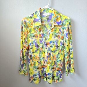 Lana Lee Vintage Colorful Floral Sheer Ribbed Button Blouse Size 10
